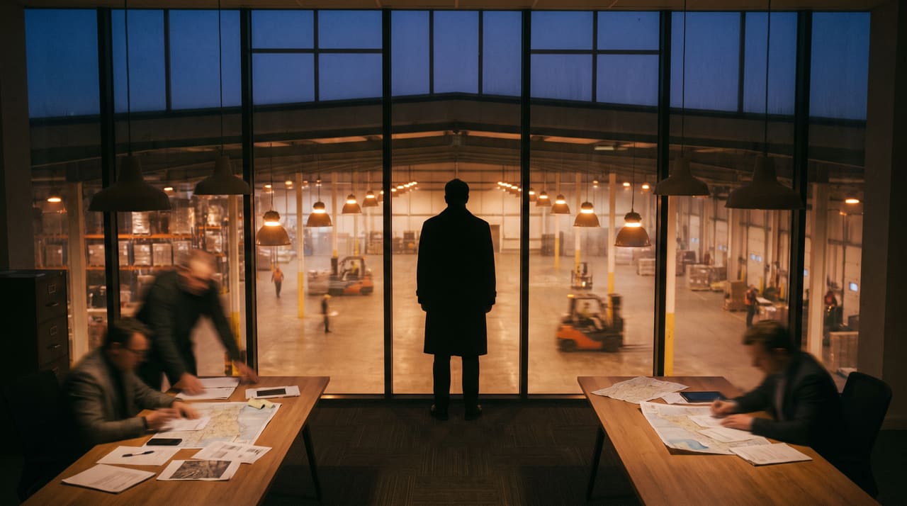 A man in a long coat stands at the windows of a mezzanine office above a lit distribution centre at dusk, while colleagues work over maps and papers at two tables.