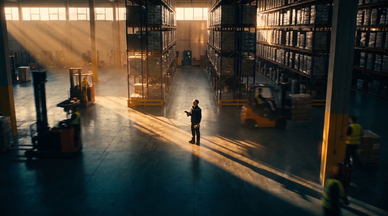 A warehouse aisle between tall racking and reach trucks, low sun through the dock doors and one person standing in the light