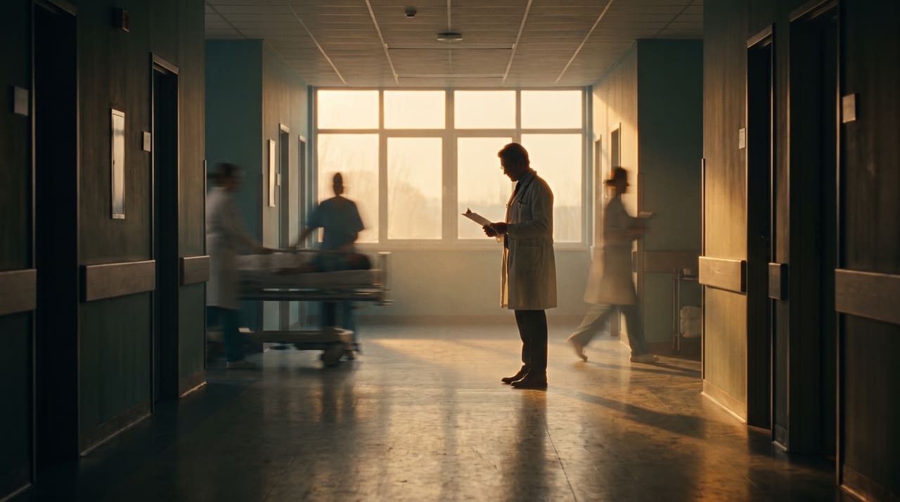 A hospital corridor at dawn, a doctor reading a chart while staff pass a bed along the corridor
