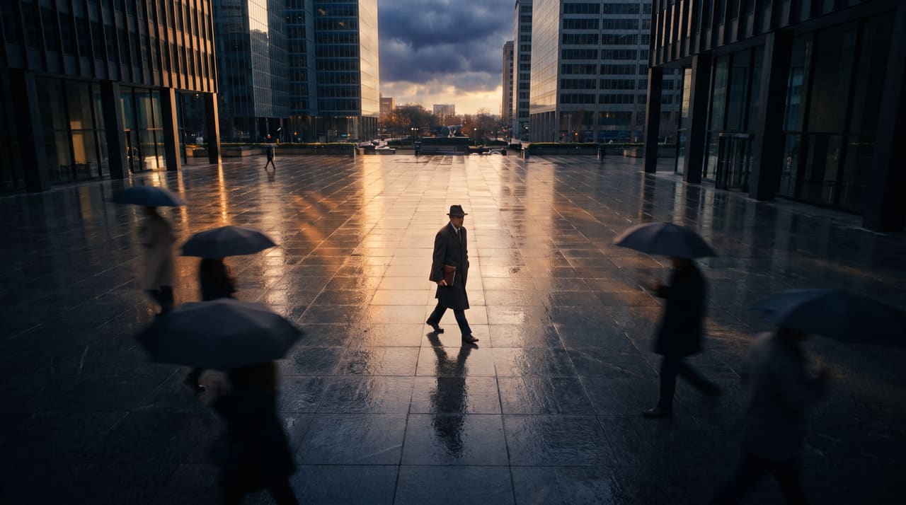 A wet city plaza at dusk between office towers, people under umbrellas passing one man who walks with a folder