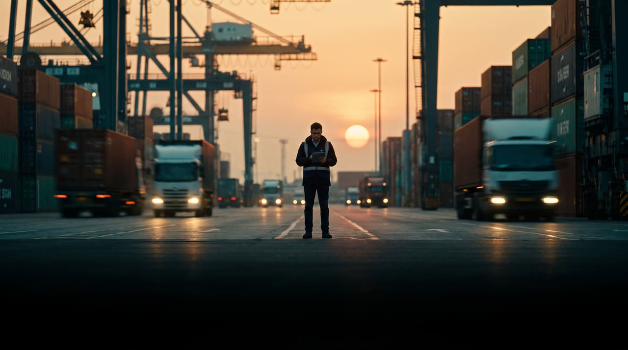 A container terminal at sunset with gantry cranes and trucks on the quay, one person in a high visibility jacket