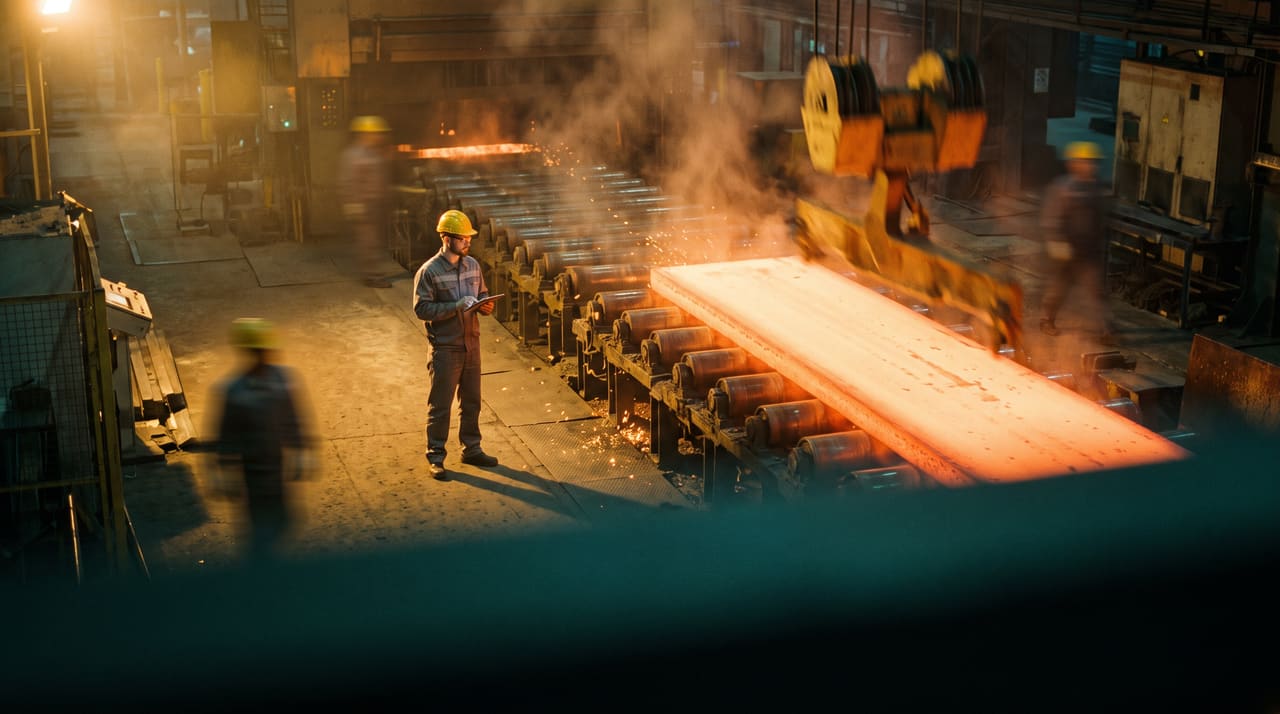 A steel mill floor with a glowing slab on the roller line and rising steam, a worker in a hard hat checking a tablet