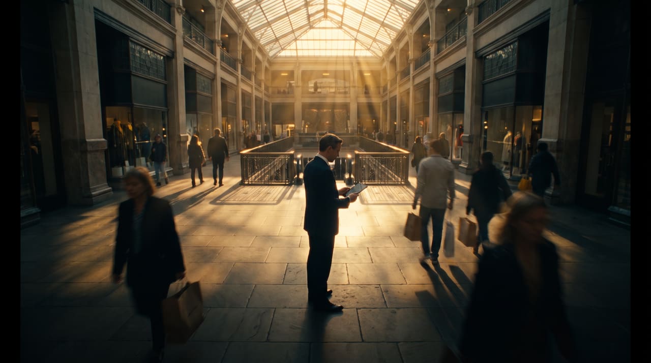 A glass roofed shopping arcade in low sun, shoppers moving past one man in a suit who stands still