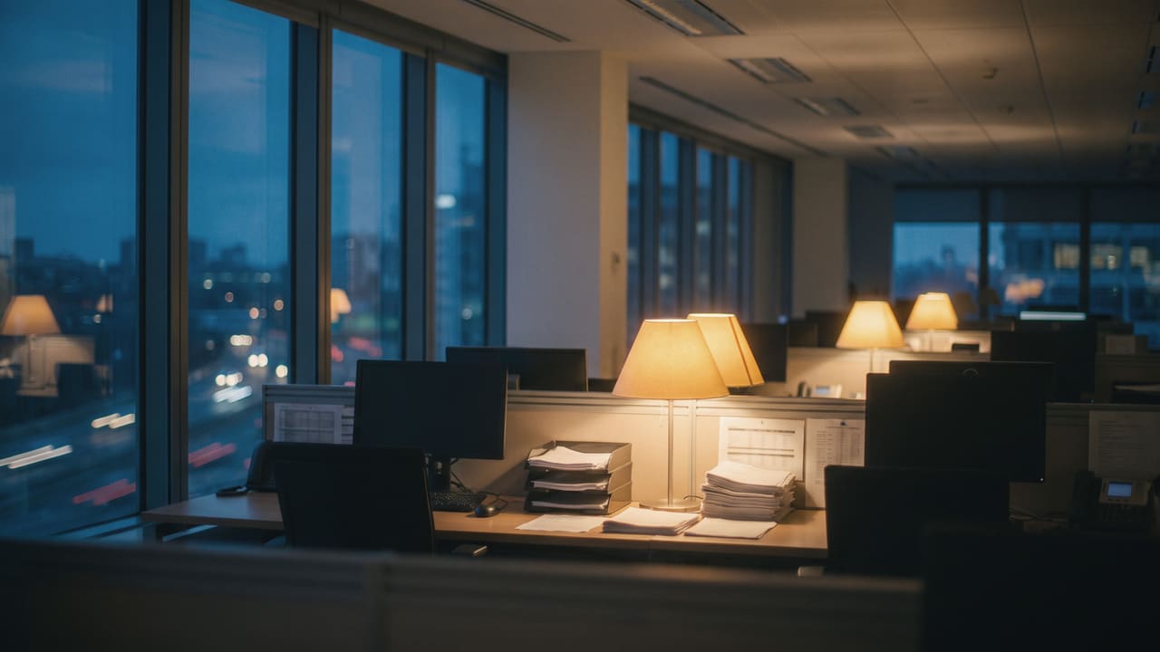 An office at dusk with desk lamps lit beside the windows and nobody at the desks