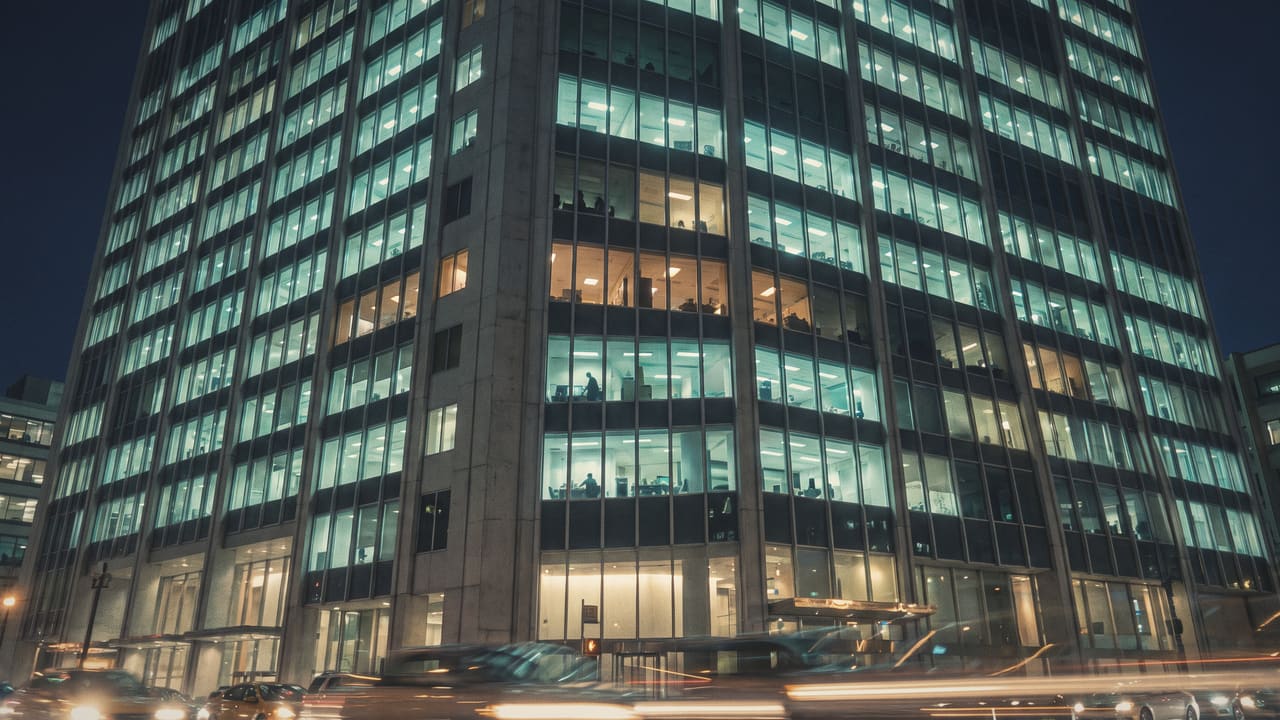 An office tower at dusk with every floor lit