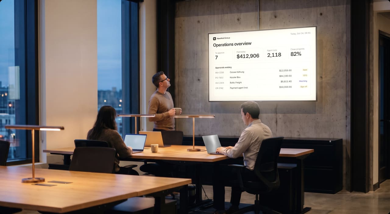 Three people in an operations room at dusk, one standing to read the Nordfeld Group operations overview on a wall screen while two work at laptops