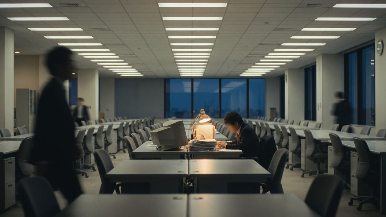 An open plan office under ceiling lights, one person at a lit desk while a colleague walks past
