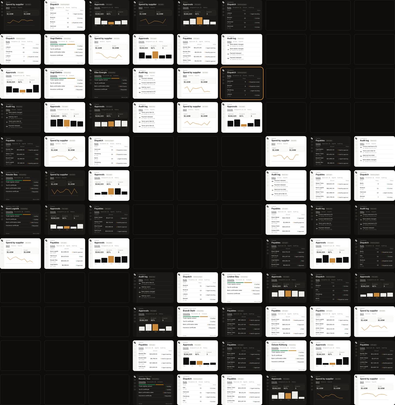A wall of application screens from one system, payables, dispatch, approvals, spend charts and audit logs, in light and dark