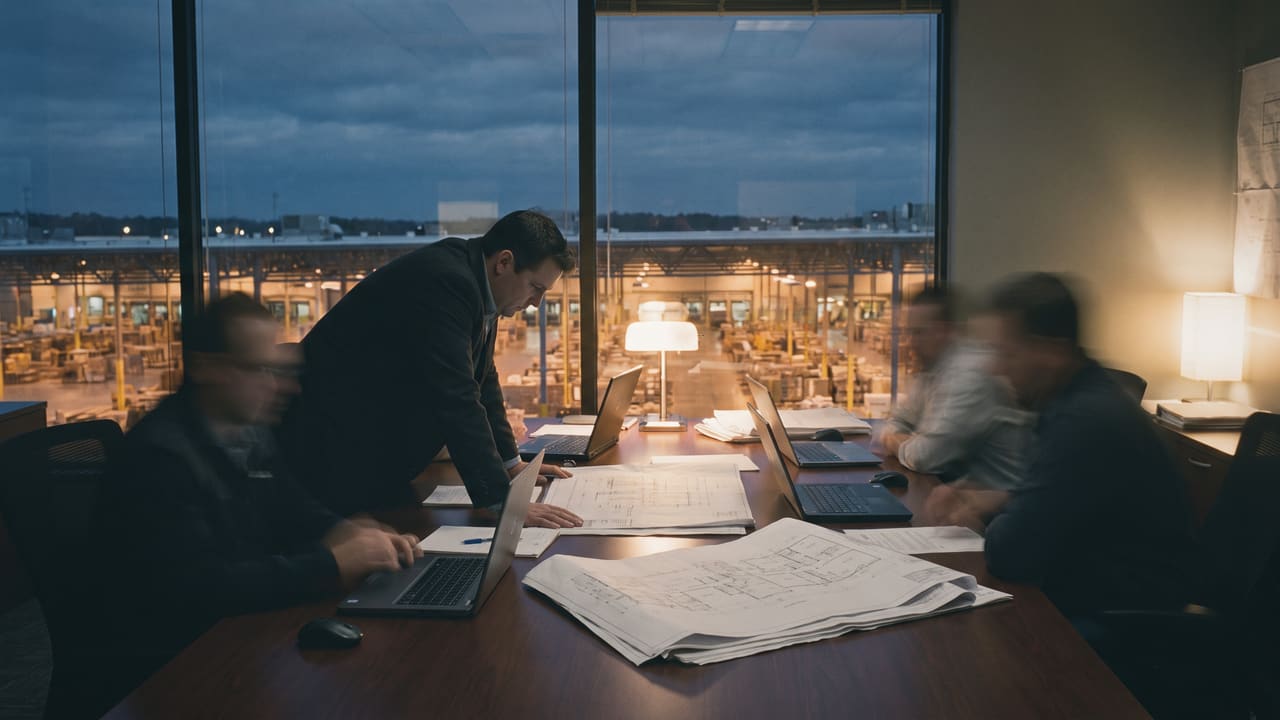 Engineers on laptops around a table by a window over a lit warehouse yard at dusk