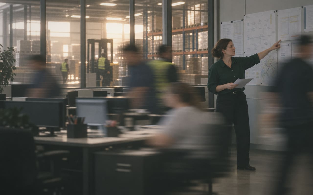 A strategist pointing to a process map on a whiteboard while staff work at desks around her