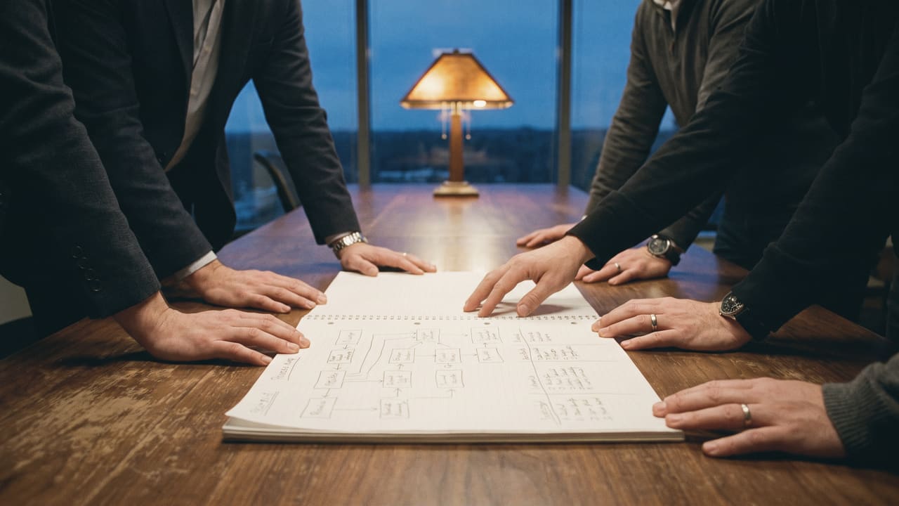 Four people leaning over a process map spread across a table under a lamp