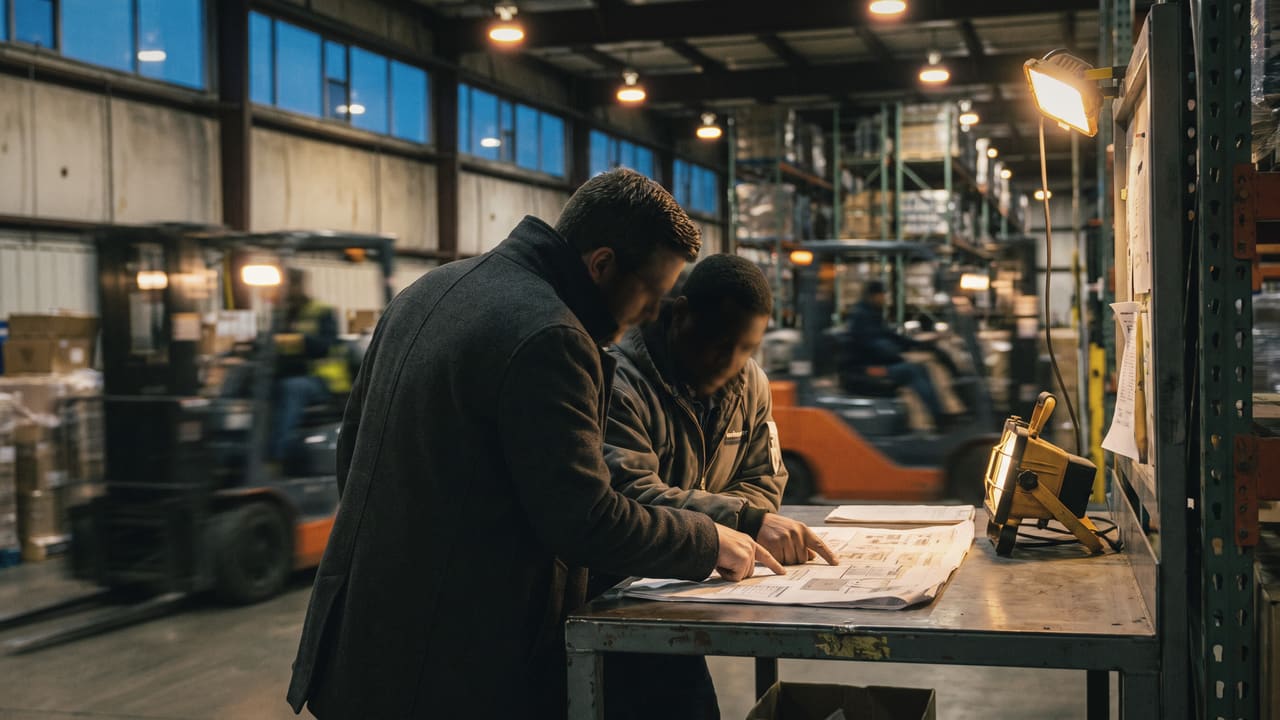 Two people reading a process map spread on a workbench in a distribution center, forklifts working behind them