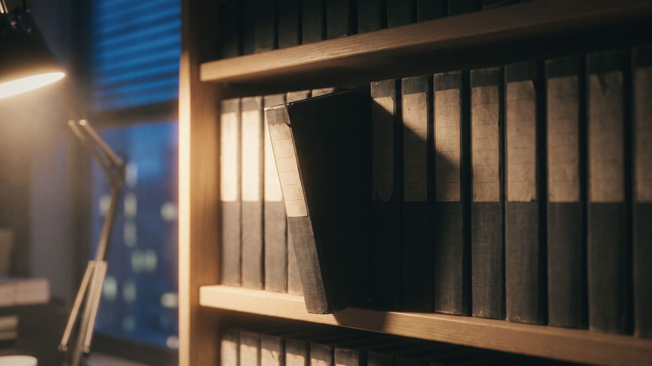 Rows of bound ledgers on a wooden shelf in an office at night