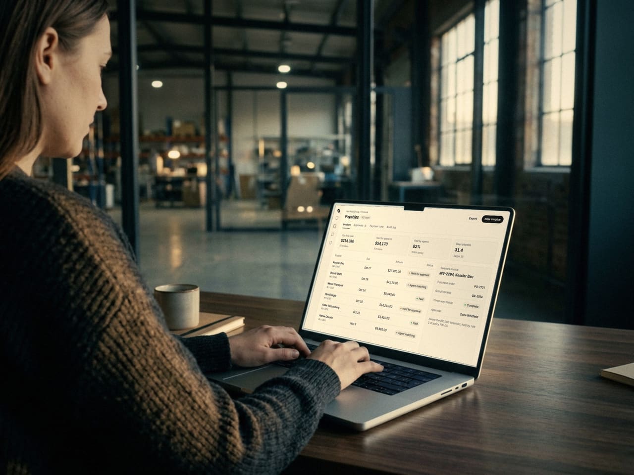 A person at a wooden desk in a warehouse office typing on a laptop that shows the Nordfeld Group payables screen